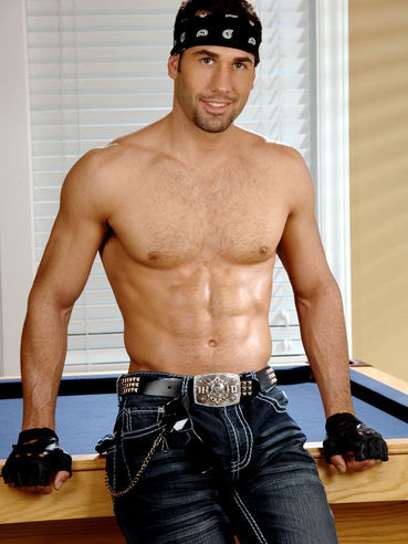 Tyler Hunt in fingerless leather gloves takes off his jeans and poses naked on the pool table