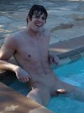 Studly dark haired guy Mike Cooper exposes his dick in the pool and jerks off outside