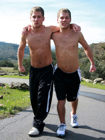David Studding and his brother with pierced nipples jogging topless in the morning