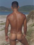 Tan lined man Alex is on the beach playing so hardly with his Latin ram rod
