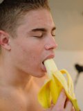 Sexy stud Chris Taylor strips down to his briefs and eats banana in the kitchen